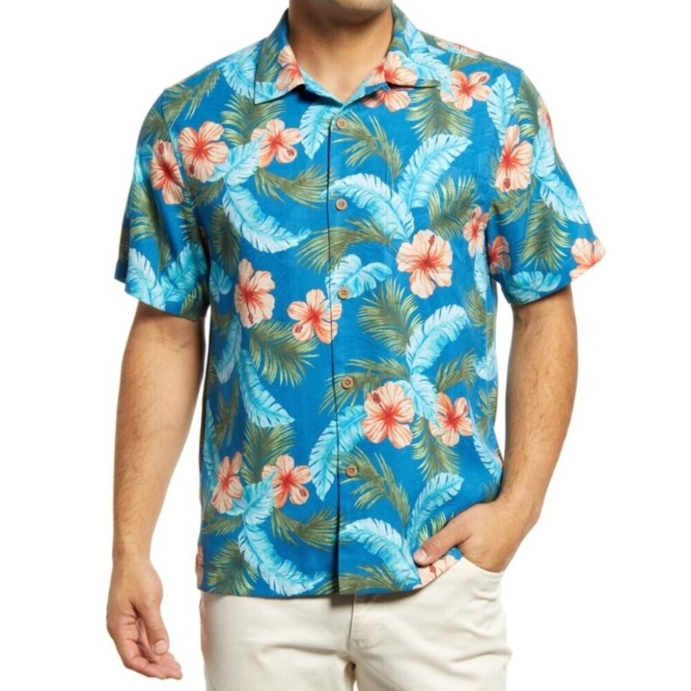 Tommy Bahama silk Mens Hawaiian Floral Short Sleeve Shirt L/ G Blue Orange Cotto